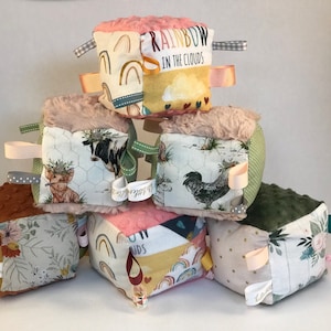 Stuffed Crunchy Cube, sensory play, best baby toy, handmade baby crinkle toy