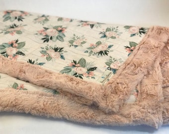 FREE PERSONALIZATION Plank Rose Crib Size LUXE blush pink faux fur minky baby blanket