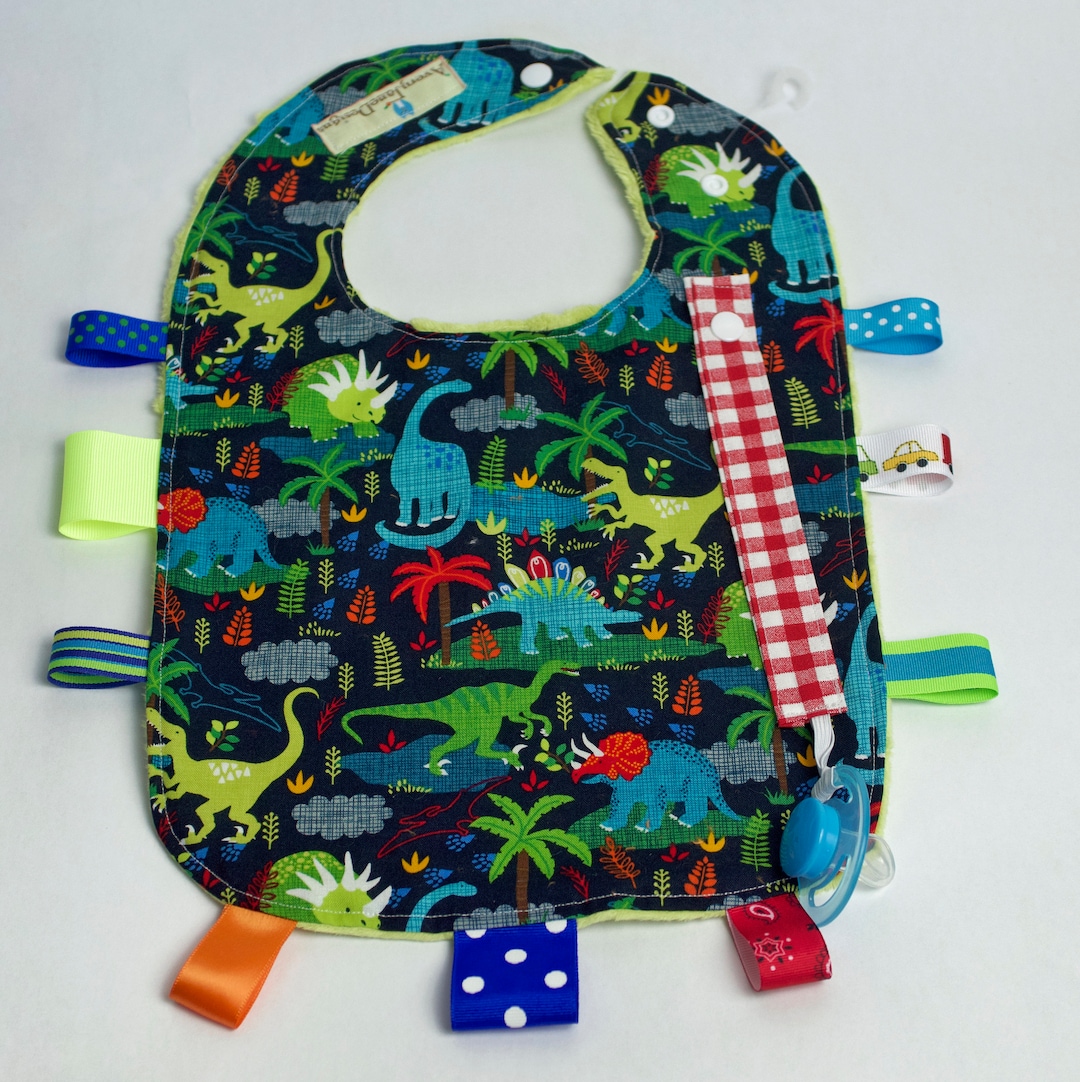 Dino Baby Bib: Reversible Personalized Pacifier Bib With Ribbons - Etsy