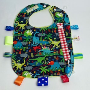Boy Colorful Dino Busy Bib, Pacifier Bib, reversible personalized Bib with removable Binky clip