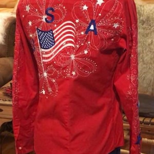 Example of Custom Patriotic Rodeo Shirts, Horsemanship Shirts, Arena Shirt, Western Shirt, Rodeo Queen Women Button-Up, red white and blue
