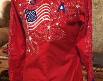 Example of Custom Patriotic Rodeo Shirts, Horsemanship Shirts, Arena Shirt, Western Shirt, Rodeo Queen Women Button-Up, red white and blue