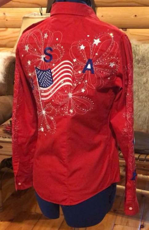 Example of Custom Patriotic Rodeo Shirts, Horsemanship Shirts, Arena Shirt, Western Shirt, Rodeo Queen Women Button-Up, red white and blue