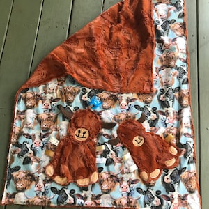 Personalized Highland Cow Buddy Blanket with matching Highland Cow Binky Buddy, crib size blanket set with lovey
