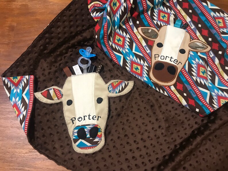 Personalized Boy Aztec Cow Buddy Blanket With Matching Cow Etsy