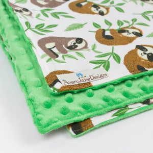 FREE PERSONALIZATION Gender Neutral Green Sloth Theme Crib Size Blanket, Baby or Toddler Minky Dot Blanket, Trendy gifts for baby,