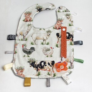 Farm Busy Bib, Pacifier Bib, reversible personalized Bib with removable Binky clip