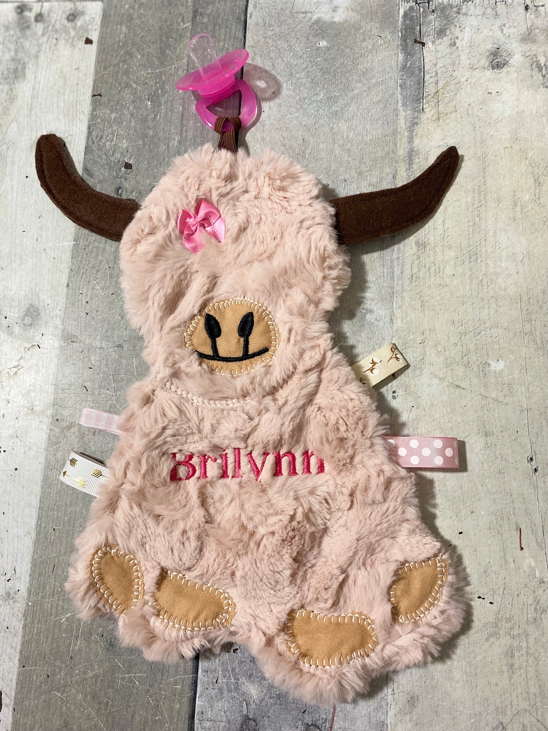 Pink Highland Cow Binky Buddy, Bull Personalized Baby Gift, Cow
