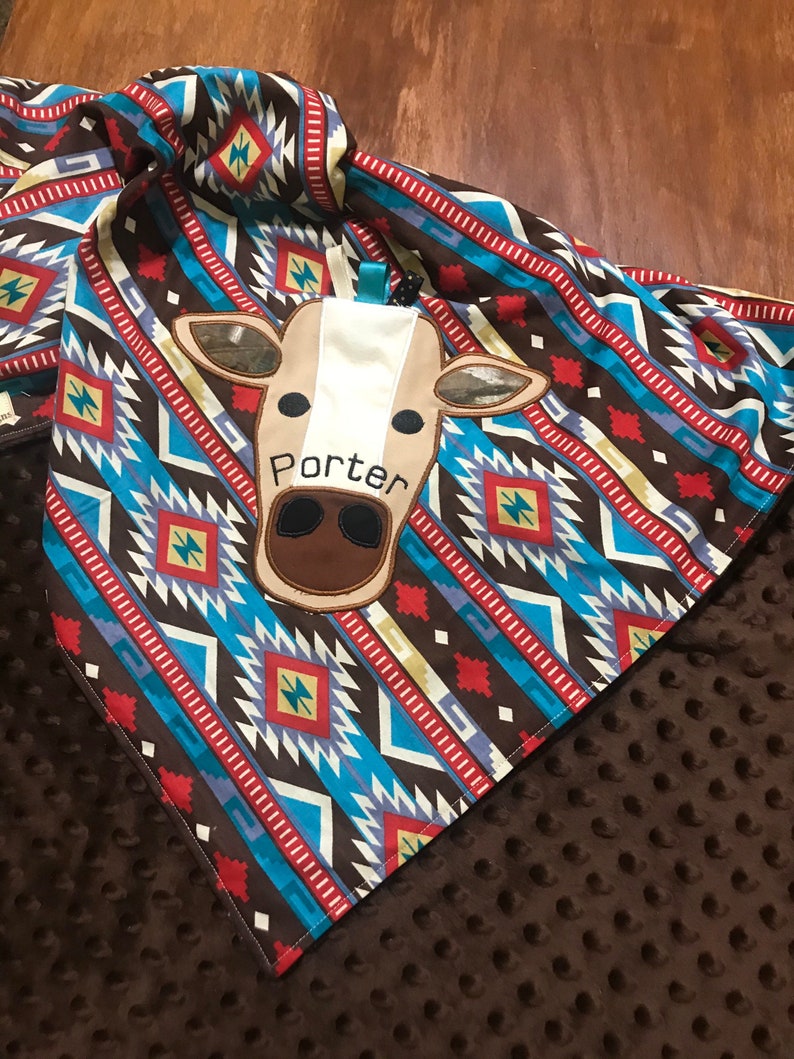 Personalized Boy Aztec Cow Buddy Blanket With Matching Cow Etsy
