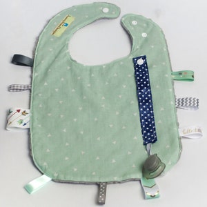 Neutral Triangle Mint Busy Bib, Pacifier Bib, reversible personalized Bib with removable Binky clip