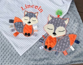 Personalized Boy Fox Buddy Blanket with matching Fox Binky Buddy, crib size blanket set, Forest animal nursery