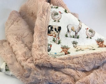 FREE PERSONALIZATION Girly Farm Flowers Crib Size LUXE blush pink faux fur minky baby blanket