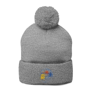 May include: A gray beanie with a matching pom-pom on top. The front of the hat features a colorful circular design with the word "PRAISE" in white text. The design includes blue, yellow, and orange colors.