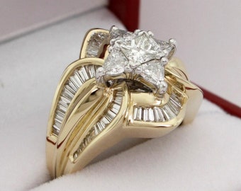 Vintage Princess Cut Engagement Ring With Fine Trillion and Baguette Cut Diamonds Heavy 14 Karat Yellow Gold Ring Size 7