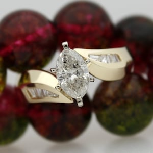 Vintage 0.77 Carat Marquise Diamond Engagement Ring Baguette Diamonds Bridal Set & Matching Plain Band 14K Yellow Gold Size 6 R-64