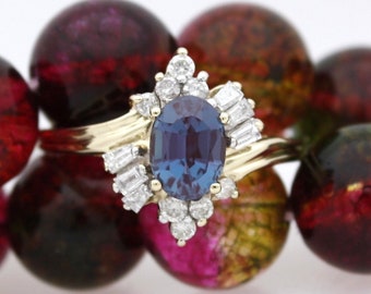 Alexandrit 7 x 5 mm Ovalschliff mit Fein Baguette & Brillant Rund Diamant Damen Verlobung 10K Gelbgold Größe 7 RL-443