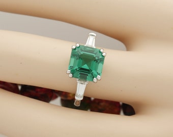 Vintage Style Green Emerald Engagement Ring Solitaire Set with Two Tapered Moissanite Baguettes in 14K White Gold Size 7