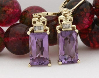 Vintage Rectangular Amethyst & Baguette Dangle Lever Back Earrings