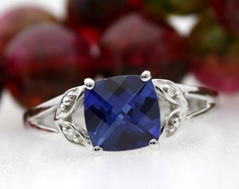 Damen Schönes Weiß Gold Kissen Geschnitten Schachbrett Lab Created Blue Sapphire & Diamant Damen Ring Gr. 6,75 L-35