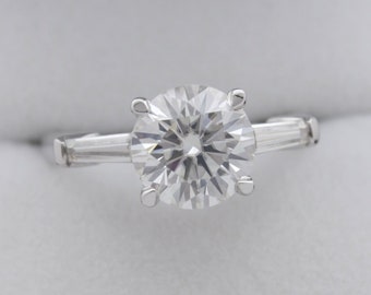 Custom Vintage Style Engagement Ring 8.50m Brilliant Round Moissanite Center & Tapered Baguette Side Stones in Platinum