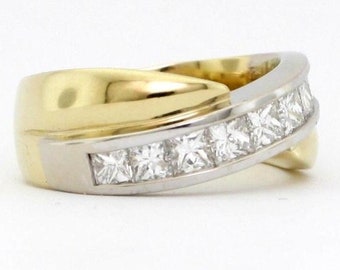 Ladies Vintage 18 Karat Yellow Gold Platinum Band Set With Bright White Natural Earth Mined Genuine Princess Cut Diamonds Ring Size 6.75