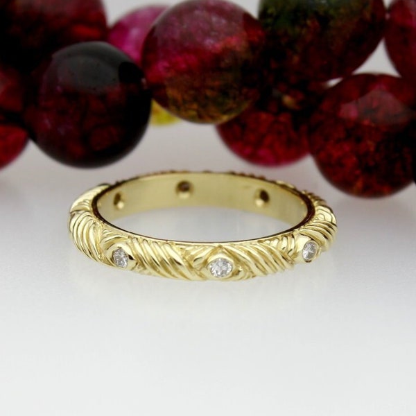 Vintage Basket Weave 18K Yellow Gold Natural Diamond Ladies Wedding Band Ring Diamond Anniversary Ring Refurbished to Look New Size 6.5 L-15