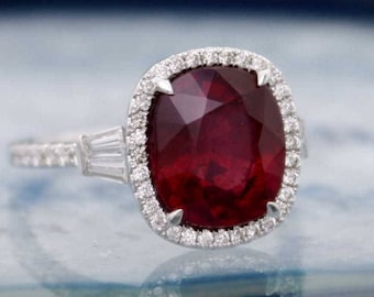 Andrew&#39;s Custom 14 Karat White Gold Custom Design Cushion Cut Glass Filled Ruby Baguette and Round Cut Moissanite Engagement Ring