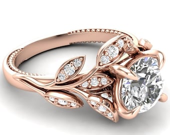 Custom Tulip Flower Engagement Ring 7.00mm 1,25 Carat Diamond Size 14 K Rose Gold or White Gold & Surrounded by Fine Genuine Diamonds Size 7