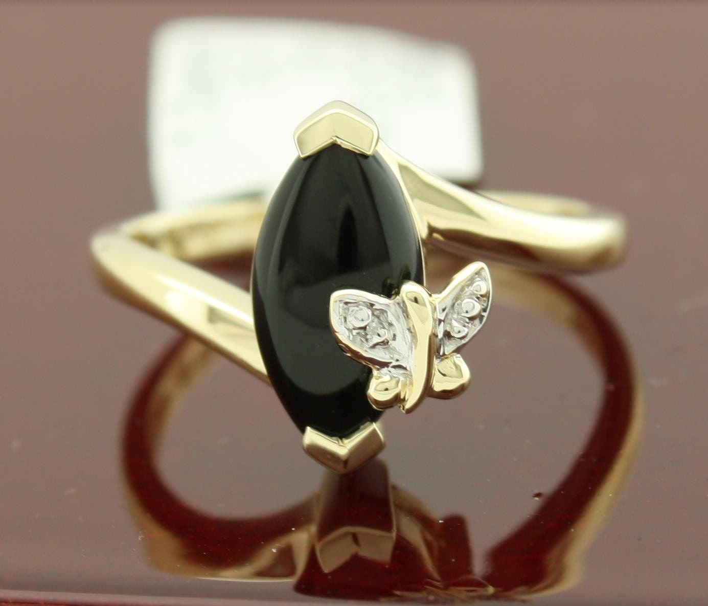 Damen Vintage 10 Karat Gelbgold im Marquise-Schliff Onyx und Diamant im Cabachon-Schliff mit Schmetterlingsring