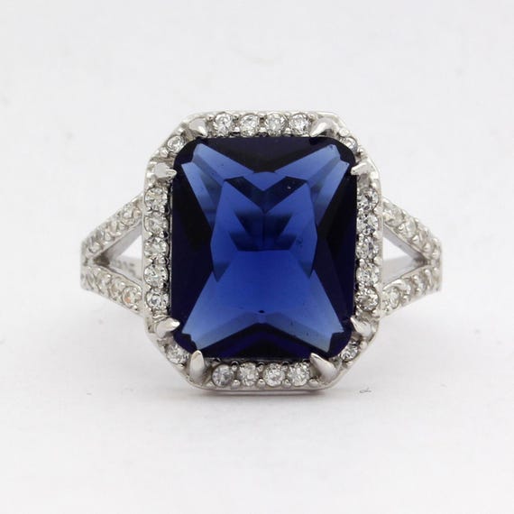 Sterling Silver Ring Rectangular Blue Center Ston… - image 1