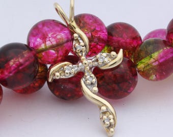 Vintage 10K Yellow Gold Petite Natural Diamond Cross Pendant, Circa 1980s