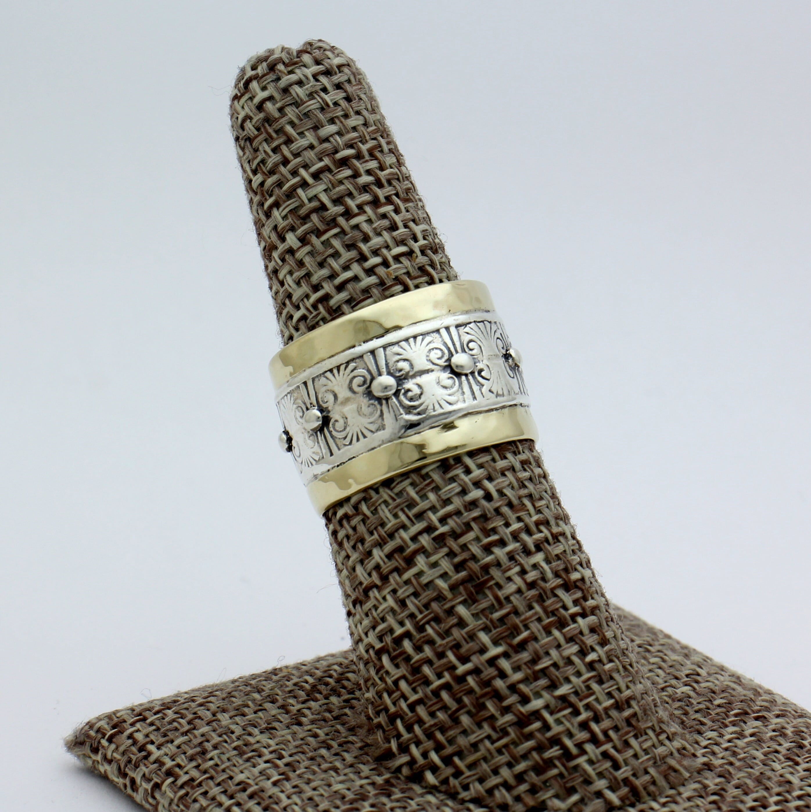 Unique Ladies Vintage 14 Karat Gold and Sterling Silver (925) Floral Design Wide Band On Sale! Made in Israel