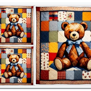 Könnte beinhalten: Eine Patchwork-Decke mit einem Teddybär-Motiv. Die Decke besteht aus verschiedenen Farben und Mustern, darunter Rot, Blau, Gelb und Grün. Der Teddybär ist braun und trägt eine blaue Schleife.