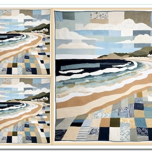 Op de afbeelding: Een digitale collage die een strandscene toont met een gebogen kustlijn, blauw water en een patchwork van blauwe, groene en bruine stoffen vierkanten. De lucht is blauw met witte wolken.