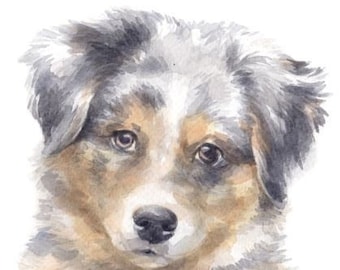 Aquarel paneel Australische herdershond | Bedrukte stof | Natuurlijk Panama | Quiltkatoen
