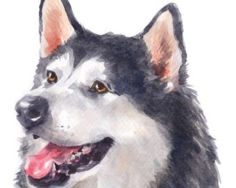 Panel de acuarela de la raza de perro Alaskan Malamute / Tela estampada / Panamá natural / Algodón acolchado
