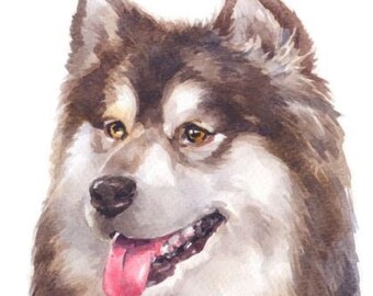Panel de acuarela de la raza de perro Alaskan Malamute / Tela estampada / Panamá natural / Algodón acolchado