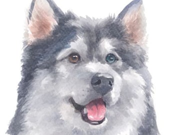 Panel de acuarela de la raza de perro Alaskan Malamute / Tela estampada / Panamá natural / Algodón acolchado