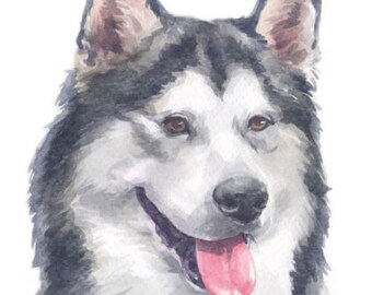 Panel de acuarela de la raza de perro Alaskan Malamute / Tela estampada / Panamá natural / Algodón acolchado