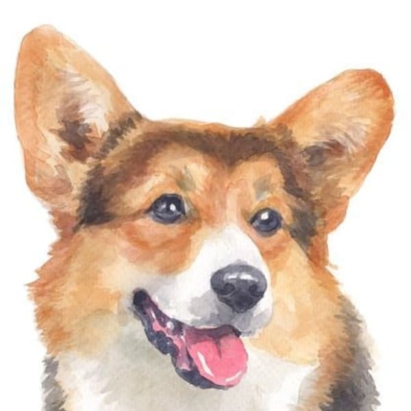 Watercolour Pembroke Welsh Corgi Dog Breed Panel | Printed Fabric | Natural Panama | Quilting Cotton