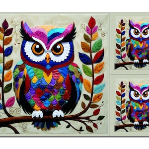 Op de afbeelding: Een set van zes kleurrijke uil illustraties met een speels ontwerp. Elke uil zit op een tak met bladeren in tinten groen, rood en oranje. De uilen hebben grote, ronde ogen en zijn versierd met verschillende kleurrijke patronen.