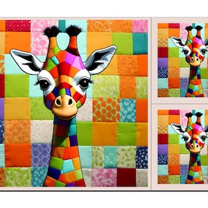 Op de afbeelding: Een kleurrijk patchwork-ontwerp van een giraffenkop en -nek. De giraffe is gemaakt van vierkanten in verschillende kleuren, waaronder rood, oranje, geel, groen, blauw, paars en roze.