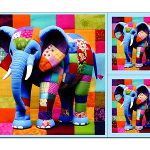 May include: A colorful patchwork elephant with blue fur and white tusks stands on a background of colorful squares.