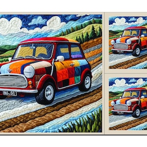 Può includere: Un'auto Mini Cooper colorata in stile patchwork percorre una strada tortuosa con colline verdi e un cielo blu con nuvole bianche sullo sfondo.