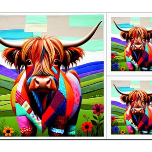 Peut inclure: Un design patchwork coloré d'une vache Highland avec un pelage rouge, orange et brun. La vache se tient dans un champ avec de l'herbe verte et des fleurs colorées.