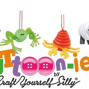 May include: A set of five colorful, button-shaped ornaments, each depicting a different character: a pirate, a frog, a crab, a sheep, and a sailor. The ornaments are made of buttons, wood, and felt. The text "Button-ies by Craft Yourself Silly" is displayed below the ornaments.