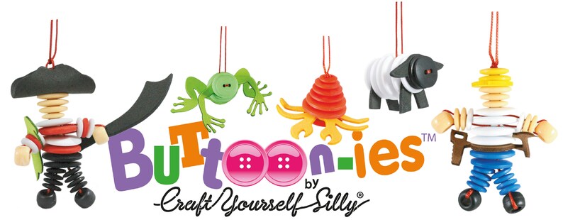 May include: A set of five colorful, button-shaped ornaments, each depicting a different character: a pirate, a frog, a crab, a sheep, and a sailor. The ornaments are made of buttons, wood, and felt. The text "Button-ies by Craft Yourself Silly" is displayed below the ornaments.