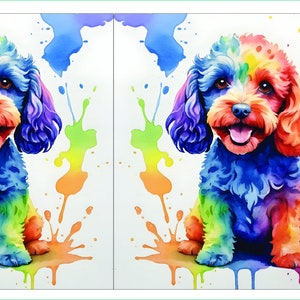 May include: A colourful illustration of a small dog with rainbow fur sitting on a white background with colourful paint splatters.