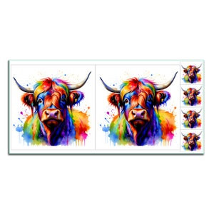 May include: A colourful watercolour painting of a Highland cow with a rainbow of colours on its fur. The cow is looking directly at the viewer with a serious expression. The background is a white canvas with splashes of watercolour paint.