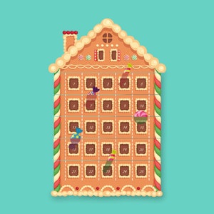 May include: A gingerbread house shaped advent calendar with 25 numbered windows. Each window has a small treat behind it, such as candy or a small toy. The house is decorated with candy canes, icing, and a red roof.